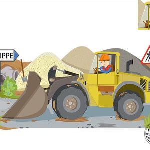 Wandtattoo &quot;Bulldozer Baustelle&quot; Farbwahl Radlader personalisierbarer Namensschild Wandsticker mit Namen Wandaufkleber Kinderzimmer