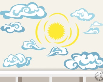 Wall Decal "clouds with sun" wall sticker with color choice for nursery baby  children's room decorations