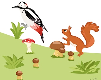 Wall decal "woodpecker and squirrel" from woodland Wall sticker for nursary baby children room wood forest animals