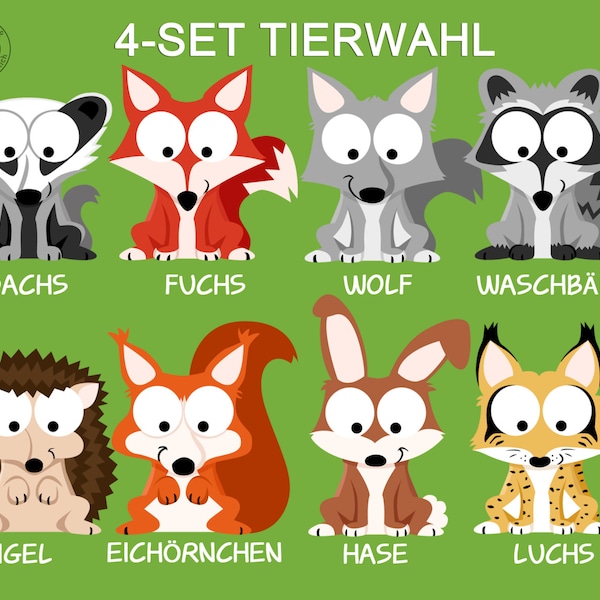 Set di 4 adesivi murali "Animali della foresta II", con 8 animali a scelta, adesivi da parete per la cameretta dei bambini, tema foresta.