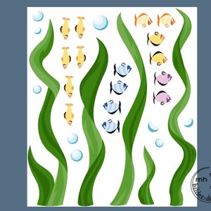 Puede incluir: Una ilustraci&oacute;n digital de una escena submarina colorida con algas verdes, peces azules y rosas, y peces amarillos. Tambi&eacute;n hay burbujas azules en la imagen.