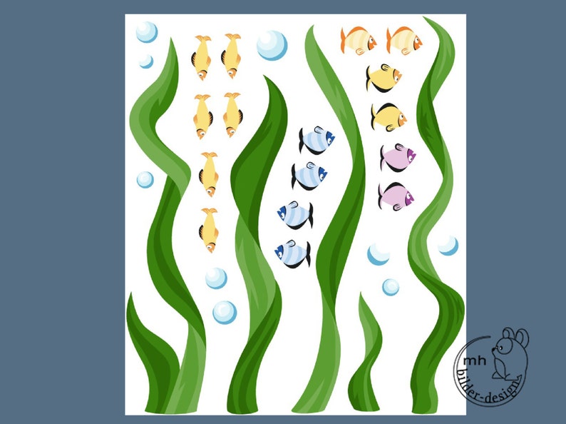 Puede incluir: Una ilustraci&oacute;n digital de una escena submarina colorida con algas verdes, peces azules y rosas, y peces amarillos. Tambi&eacute;n hay burbujas azules en la imagen.