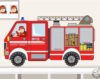 Wall decal XS "fire truck II." fire department customizable wall sticker for boys nursary