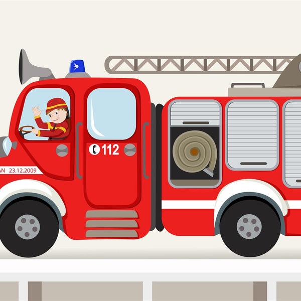 Wall decal "fire truck I." XXL fire department customizable wall sticker for boys