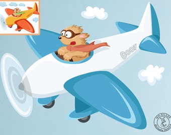 Wall decal "dog Boo on airplane" personalized wall decal for nursary with color selection and name