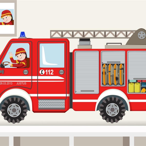 Decalcomania murale XXL "Camion dei pompieri II. " nome camion dei pompieri personalizzabile giovane vivaio parete adesivo parete adesivo vigili del fuoco