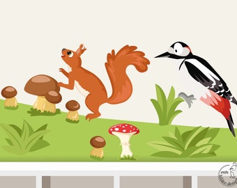 Wall decal "woodpecker and squirrel" from woodland Wall sticker for nursary baby children room wood forest animals