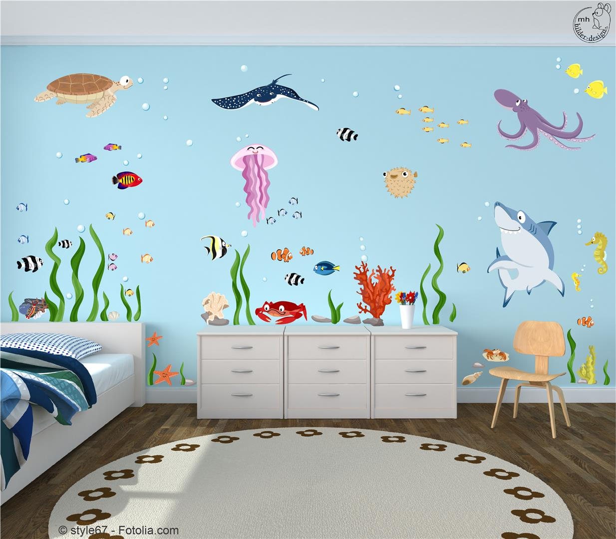 Autocollant Mural Océan Set Underwater World Xxl Marine Animals Chambre d'enfants, de Bébé,