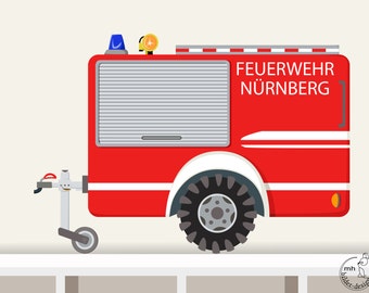 Wandtattoo XS "Feuerwehr Anhänger" Feuerwehrwagen Name Junge Kinderzimmer Wandaufkleber Wandsticker Feuerwehr