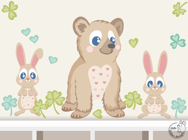 Wall decal bear with bunnies from woodland serie nursery wood forest animals image 1