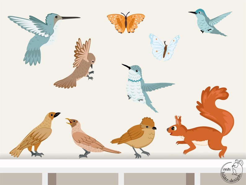 Wall Decal SET 7 Birds with squirrel wall sticker with color choice for nursery baby children's room decorations image 1