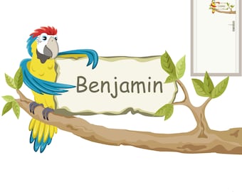 Tatuaje de pared "Señal de puerta de loro" selección de color habitación infantil personalizable habitación de bebé placa con nombre de pájaros de la selva