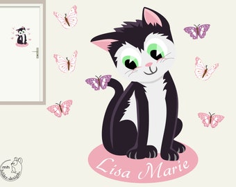 Wandtattoo "Katze Türschild" Namensschild Schmetterling Kätzchen mit Namen für Kinder Baby Kinderzimmer Babyzimmer