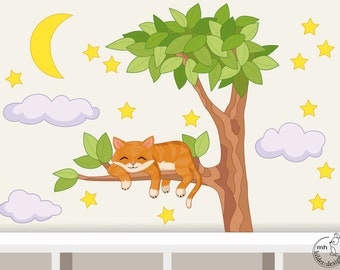 Wall Decal "Cat night" wall sticker for nursery baby  children's room decorations forest wood