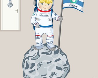Vinilo decorativo de astronauta personalizado | Letrero lunar para la puerta de la habitación infantil | Adhesivo de pared de viajes espaciales con nombre | Dibujado a mano | Hecho en Alemania