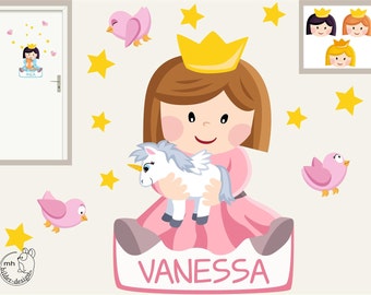 Wall decal "princess" personalized door sign nursery with name baby girl