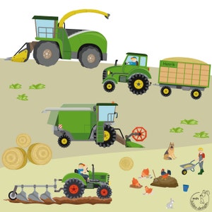 Wandtattoo Landwirtschaft SET personalisierbar Traktor Maishäcksler Mähdrescher Pflug Bauernhof Kinderzimmer Wandsticker Walltattoo Bild 1