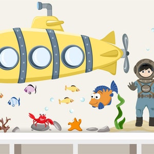 Wall decal submarine set Baby nursery underwater historical diver u-boat image 1