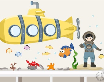 Wall decal "submarine set" Baby nursery underwater historical diver u-boat