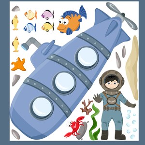 Wall decal submarine set Baby nursery underwater historical diver u-boat image 3