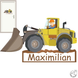 Wandtattoo &quot;Bulldozer Türschild&quot; Radlader Farbwahl personalisierbarer Baustelle Namensschild  Wandaufkleber Kinderzimmer