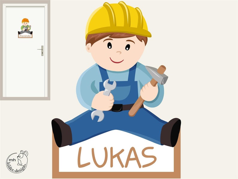craftsman boy nursery Wall decal Construction worker Door sign tag construction site