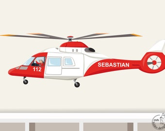 May include: A red and white helicopter with the number 112 and the name Sebastian on the side. The helicopter has a pilot in the cockpit.