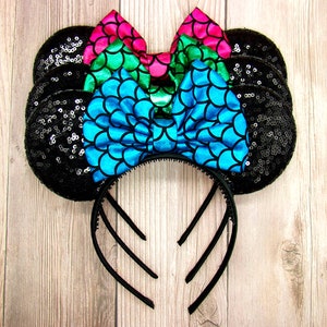 Orejas de ratón con lazo de escamas de sirena, Elige el color de tu lazo, Orejas y lazo negros, Orejas de Minnie sirena