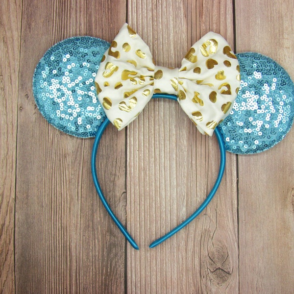 Ocean blue sequin mouse ears, Choose your bow color, Minnie Mouse ears