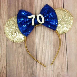 70th Birthday Minnie Mouse Ears, Customize ear and bow color, Birthday Ears