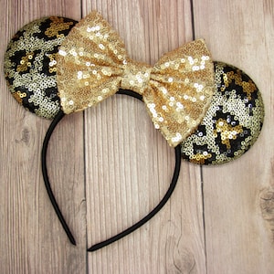 Ear of the Month, Cheetah print sequin mouse ears with pale gold bow, Minnie Mouse ears, Jungle Cruise, Animal Kingdom