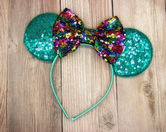 Mermaid sequin mouse ears, Choose your bow color, Minnie Mouse ears, Teal Aqua Ears