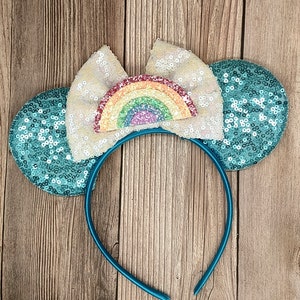 Pastel rainbow mouse ears, glitter rainbow arch, summer mouse ears, ocean blue sequin ears
