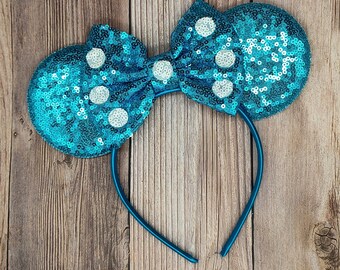 Blue Polka Dot Sequin Minnie Mouse Ears, Disney Headband - Etsy display picture 1