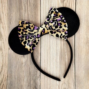 Black Velvet mouse ears with cheetah velvet bow, Animal Kingdom, purple cheetah pattern bow