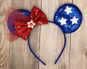 Stars and Freedom sequin mouse ears, July 4th holiday, Captain America inspired, Movie mouse ears, Captain America