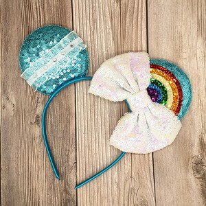 Bold rainbow mouse ears, glitter rainbow arch, summer mouse ears, ocean blue sequin ears