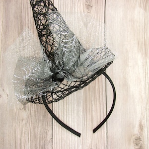 Sinamay witch hat on headband, Tulle with spider embellishment, Fascinator style, Halloween