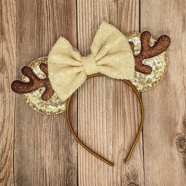 Reindeer antler sequin mouse ears, choose your bow color, glitter antlers, deer mouse ears, pale gold ears