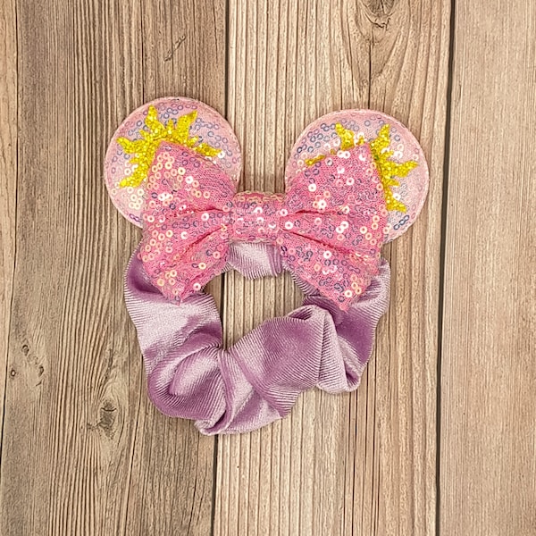 Rapunzel Lost Princess mouse ear scrunchie with golden suns, Movie character minnie ears, Tangled