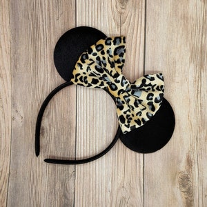 Black Velvet mouse ears with cheetah velvet bow, Animal Kingdom, grey cheetah pattern bow