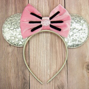 Silver mouse ears with pink velvet bow and whiskers, Mouse ears, Remy mouse