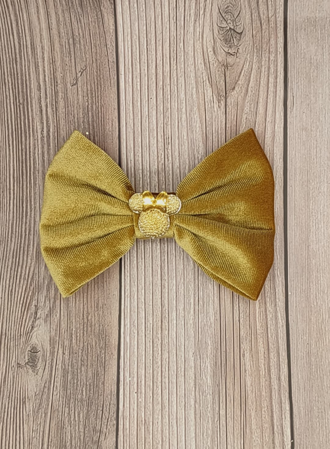 Velvet Gold Bow With Gold Rhinestone Mickey Mouse Center  display picture 3