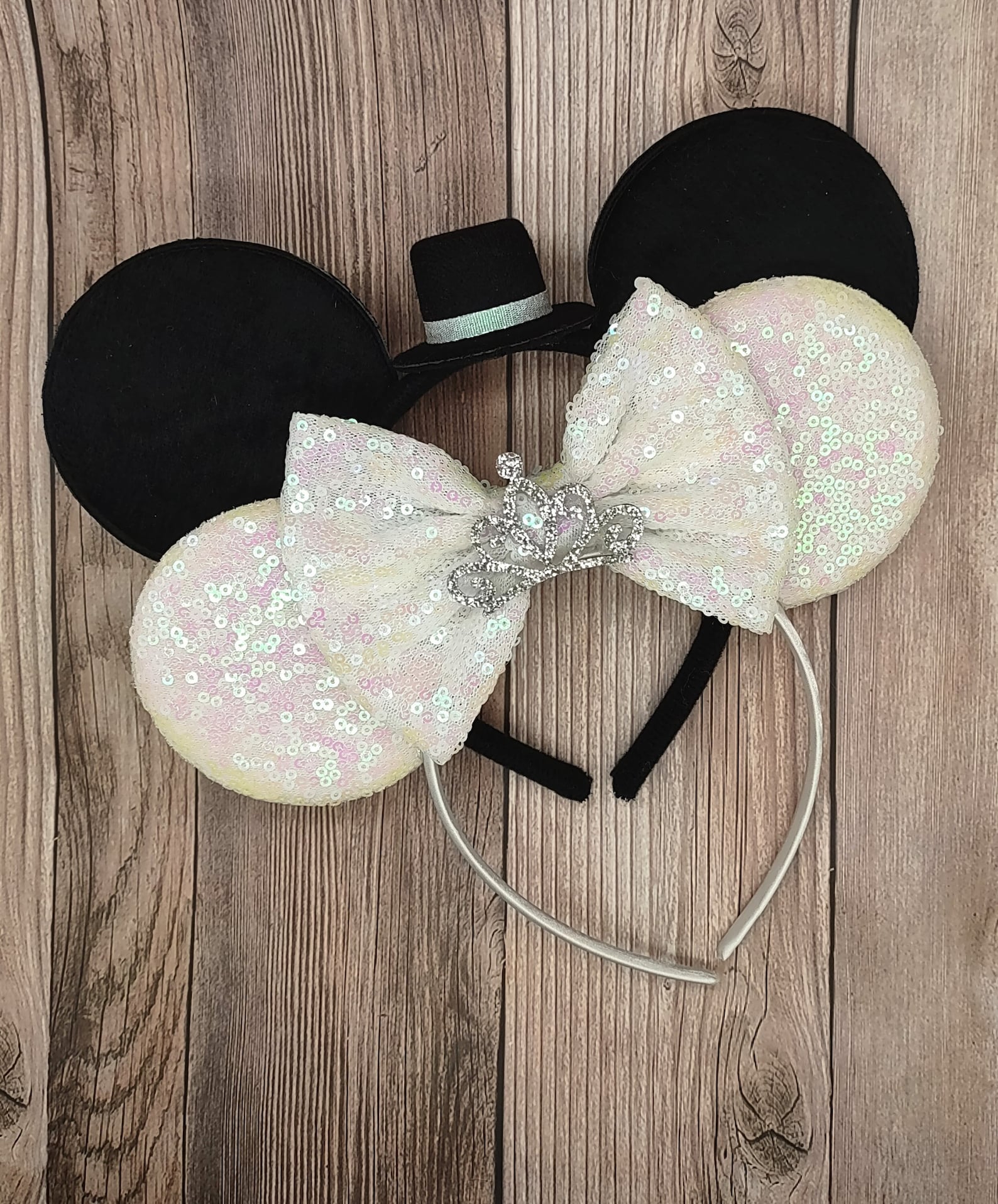 Bride and Groom ears, Bride crown and Groom Top Hat, Bride ear bow color choice, Disney Weddings - Bride + Groom