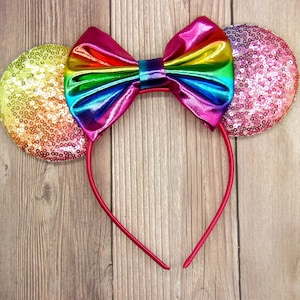 Rainbow sequin mouse ears with rainbow satin bow, Pride ears, Rainbow Minnie ears