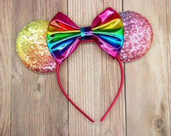 Regenbogen Pailletten-Mäuseohren mit Regenbogen Satinschleife, Pride-Ohren, Regenbogen-Minnie-Ohren