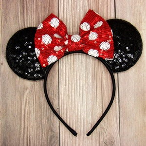 Red and White Polka Dot sequin Minnie mouse ears, Black Sequin ears with polka dot bow