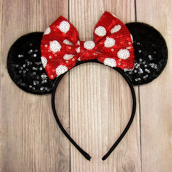 Oreilles de Minnie en sequins rouges et blancs à pois, oreilles en sequins noirs avec noeud à pois