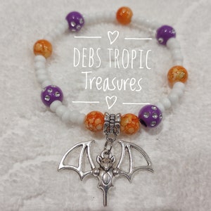 Halloween Bat Charm Bead Bracelet Halloween Stretch Elastic Orange Purple White Beads Bracelet Jewelry