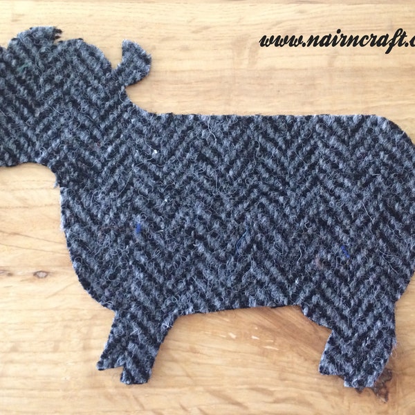 Cow Applique Patch in Black & Grey Herringbone Weave Harris Tweed Wool Fabric. They are Cut Out Iron On Sew On Embellishment Decorations